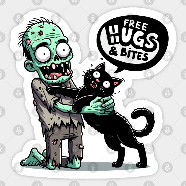 Free Hugs and bites - Zombie hugging black cat Sticker by PrintSoulDesigns